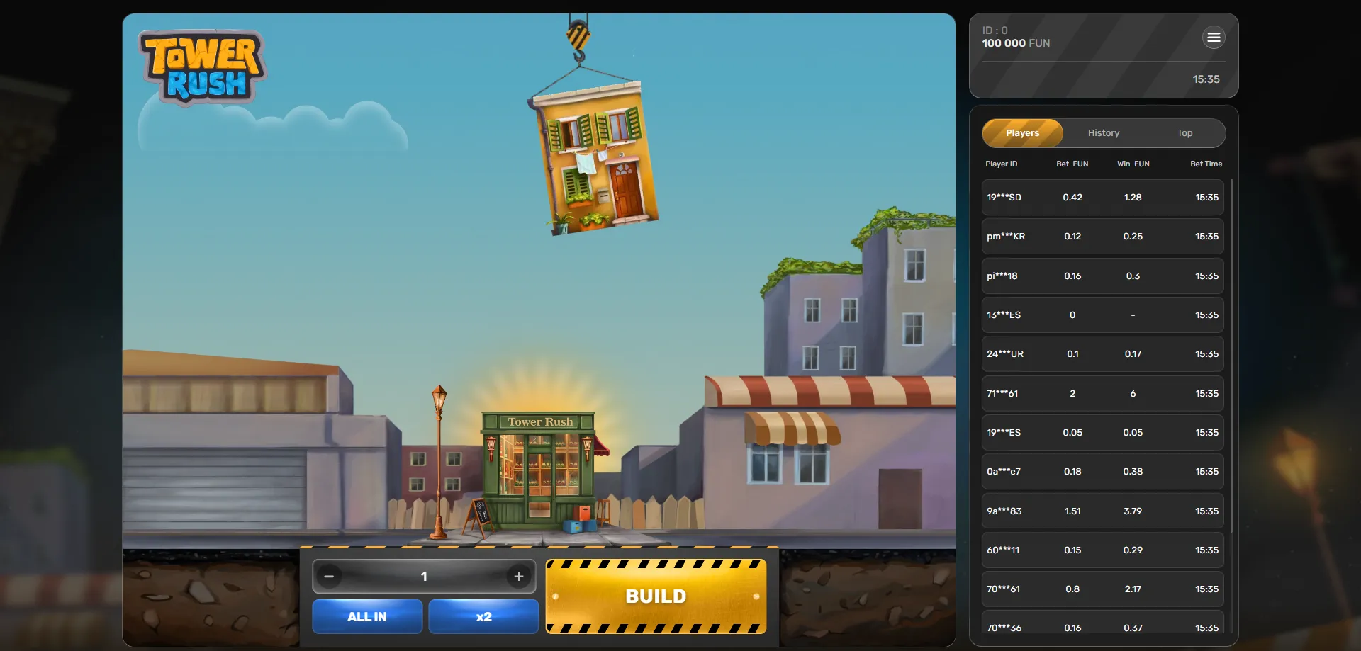 Tower Rush 1xBet crash game overview — tower building mechanic