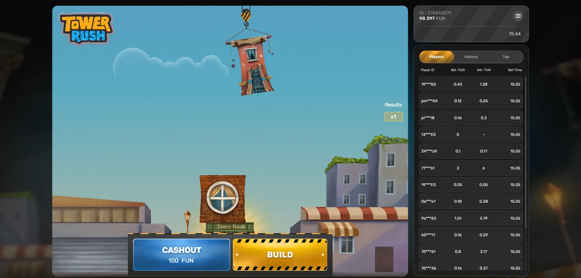 Tower Rush game mechanics — drop-and-stack tower building casino game